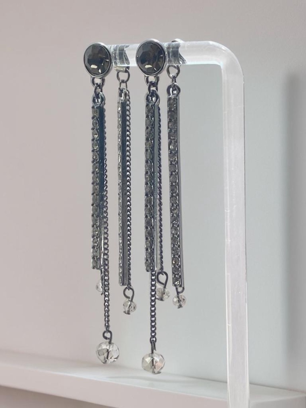 Gunmetal Dangle Gray Crystal Drop Earrings - Picture 7 of 7